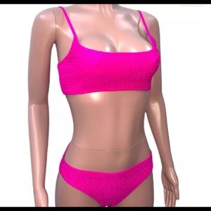 Sexy Hot Pink fushia 90s Style Textured Smocked Stretchy Sporty Bikini Nwt